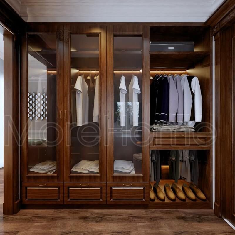 Mẫu tủ quần áo gỗ kết hợp kính cho phòng ngủ với thiết kế nhiều ngăn đựng phù hợp với không gian diện tích lớn