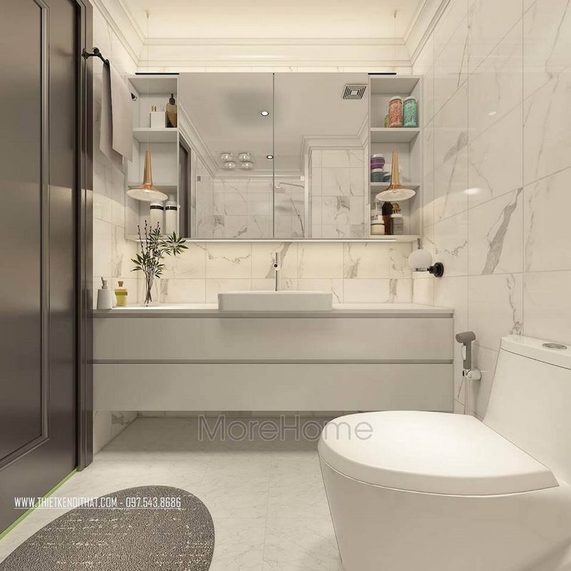 Nội thất phòng tắm gia đình được thiết kế với màu trắng trang nhã, đồ nội thất tiện nghi, đá nhân tạo ốp tường dễ vệ sinh và lau chùi