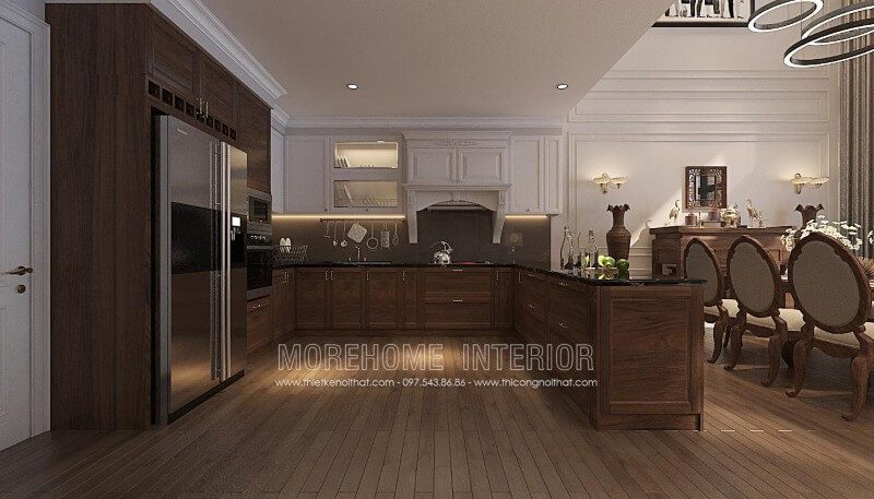 Với những phòng bếp có không gian thoải mái, không quá chật hẹp thì tủ bếp gỗ chữ U gỗ óc chóc luôn là sự lựa chọn hoàn hảo cho không gian sống đẳng cấp của gia chủ
