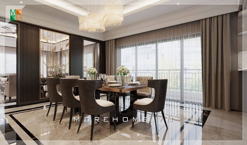 Những đường nét mềm mại của từng món đồ nội thất, từ kiểu dáng bo cong lạ mắt của bàn ăn, thiết kế đường cong ôm lấy lưng người ngồi của ghế, đến những nét uốn lượn của đèn chùm, tất cả tạo nên một tổng thể không gian phòng ăn tân cổ điển đẹp đến mê mẩn người nhìn