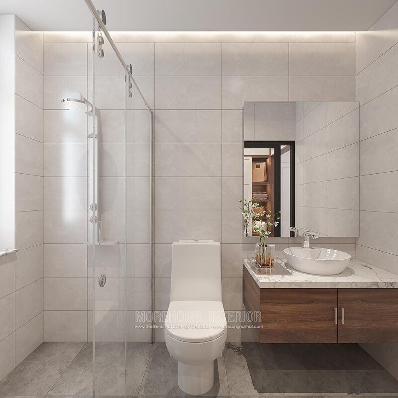 Hãy thiết kế một phòng tắm đẹp và hiện đại bằng cách sử dụng gam màu đơn sắc màu xám chủ đạo kết hợp với chất liệu gỗ óc chó. Đây sẽ là lựa chọn tuyệt vời cho các không gian như chung cư, nhà phố, nhà liền kề và các không gian vừa và nhỏ khác.