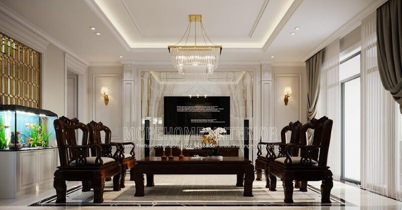 Đá tự nhiên ốp tường tạo điểm nhấn sang trọng độc đáo cho phòng khách cao cấp.