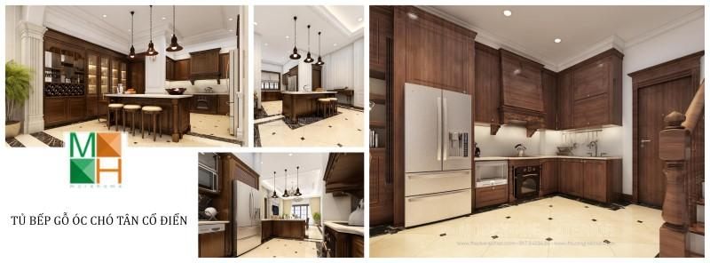 Mẫu thiết kế tủ bếp gỗ óc chó tân điển mới nhất được khắc hẳn với những phong cách hiện đại, và chỉ được sử dụng cho các không gian như biệt thự, nhà lo phố diện tích lớn hay các chung cư cao cấp.
